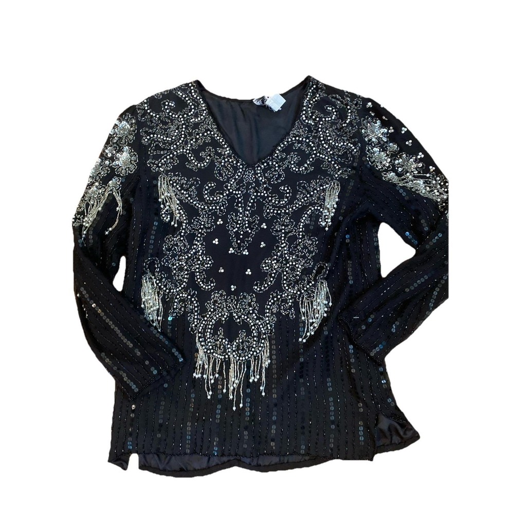 Y2k VTG Feminine Mark Cheung Shirt Sz M Black beaded sequin‎ luxury festival